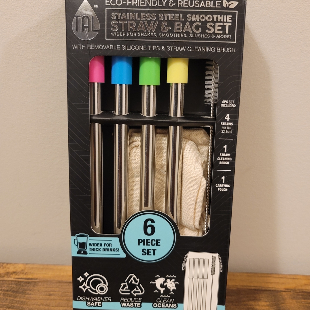 TAL Stainless Steel Silicone Tip Straws, Cleaning Brush & Bag Set - 6 Pc
